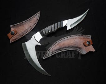 Handmade Fantasy Double Blade Knife with Leather Sheath – Collector Display