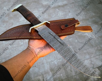 Handmade Damascus Steel Bowie Knife with Leather Sheath | Unique Christmas Gift for Him | Hunting & Outdoor Gift