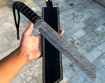 Handmade Damascus Steel Bowie Knife – Rambo Machete with Leather Sheath