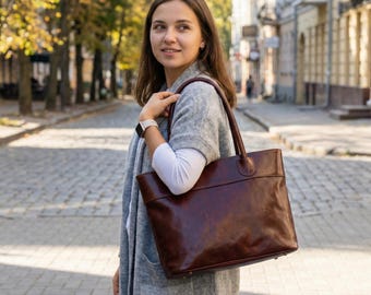 Handmade Italian Leather Tote Bag, Structured Work Handbag with Zipper