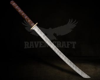 Handmade Damascus Steel Katana Sword: Rosewood Handle, Brass Guard