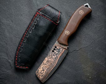Copper Damascus Skinner Knife, Handmade Fixed Blade EDC Knife, Groomsmen Gift, Gift for Him