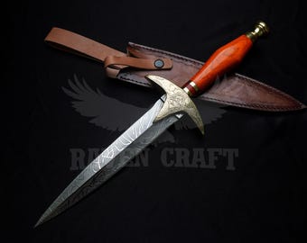 Handmade Etched Steel Dagger Knife | Medieval Display with Leather Sheath