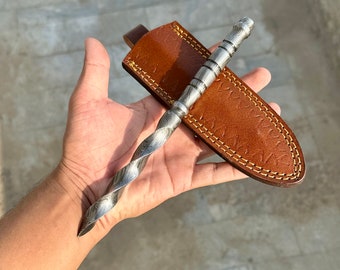 Handmade Damascus Steel Tri Dagger Knife - 9-Inch Camping Blade