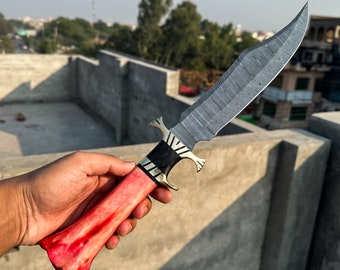 Handmade Damascus Steel Bowie Knife with Leather Sheath | Handcrafted Gift for Him | Rustic Christmas Gift for Hunte