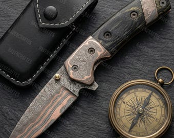 Handcrafted Copper Damascus Folding Knife, Cu-Mai Pocket Knife with Leather Sheath