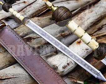 Handmade Engraved Roman Gladius Sword With Leather Sheath – Rosewood & Camel Bone Handle,