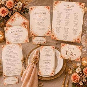 May include: A wedding stationery set featuring cream-coloured paper with floral borders in shades of peach and orange. The set includes a seating chart, invitation, bar menu, dinner menu, and place cards, all printed with the names Joshua and Emily.