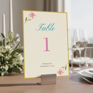 Números de mesa para boda con diseño floral rosa rubor – Plantilla editable de Canva (5x7, descarga digital)