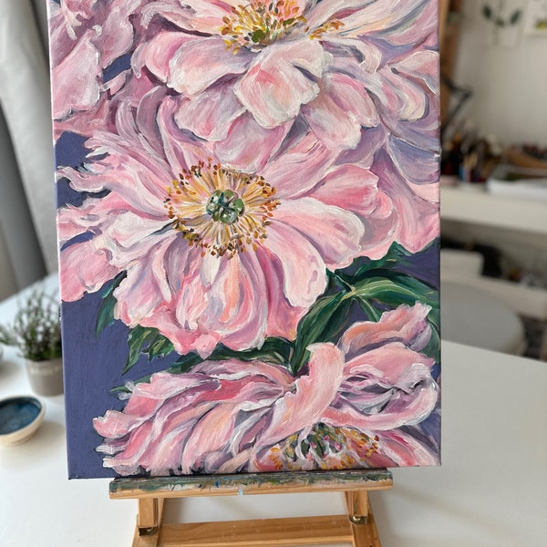 La grâce des pivoines | Peinture sur toile originale acrylique | 40x50cm