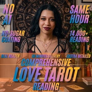 May include: A person with dark hair wearing a black lace top, positioned before a circular zodiac chart. Text overlays include NO AI, SAME HOUR, NO-SUGAR COATING, 14.000+ READING, REAL READER, 60 MINUTES DELIVERY, EKSTRA DETAILED, COMPREHENSIVE LOVE TAROT READING.