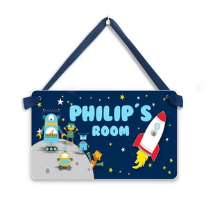 custom robot space themed kids door sign - boys bedroom door plaque - personalized Children's name plaque - P2367