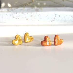 Gold Heart Earrings, Gold Heart Stud Earrings, Heart Earrings, Bright heart studs, Gold Earrings, Wearable art, Anniversary gifts for her