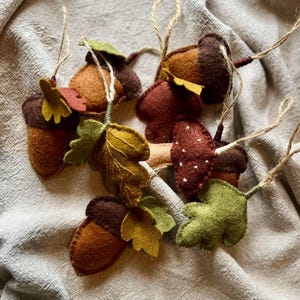 Könnte beinhalten: Eine Sammlung von Herbstornamenten aus Filz, darunter Eicheln und Blätter, in Braun-, Grün- und Rottönen. Jedes Ornament hat eine Schnurschlaufe zum Aufhängen. Die handgefertigten Dekorationen sind auf einem neutralfarbenen Stoff angeordnet.