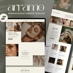 May include: A laptop displays a website template with the word "arramo" at the top. The website design features images of skincare products and people with skincare treatments. The text "Premium Showit Website Template" is also visible.