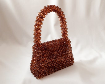 Brown Crystal Beaded Bag, Handmade Crystal Bags, Bead Bag, Beaded Evening Bag, Vintage Bead Bag, Glass Bead Bag, Party Handbag, Gift for Her