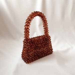 Brown Crystal Beaded Bag, Handmade Crystal Bags, Bead Bag, Beaded Evening Bag, Vintage Bead Bag, Glass Bead Bag, Party Handbag, Gift for Her