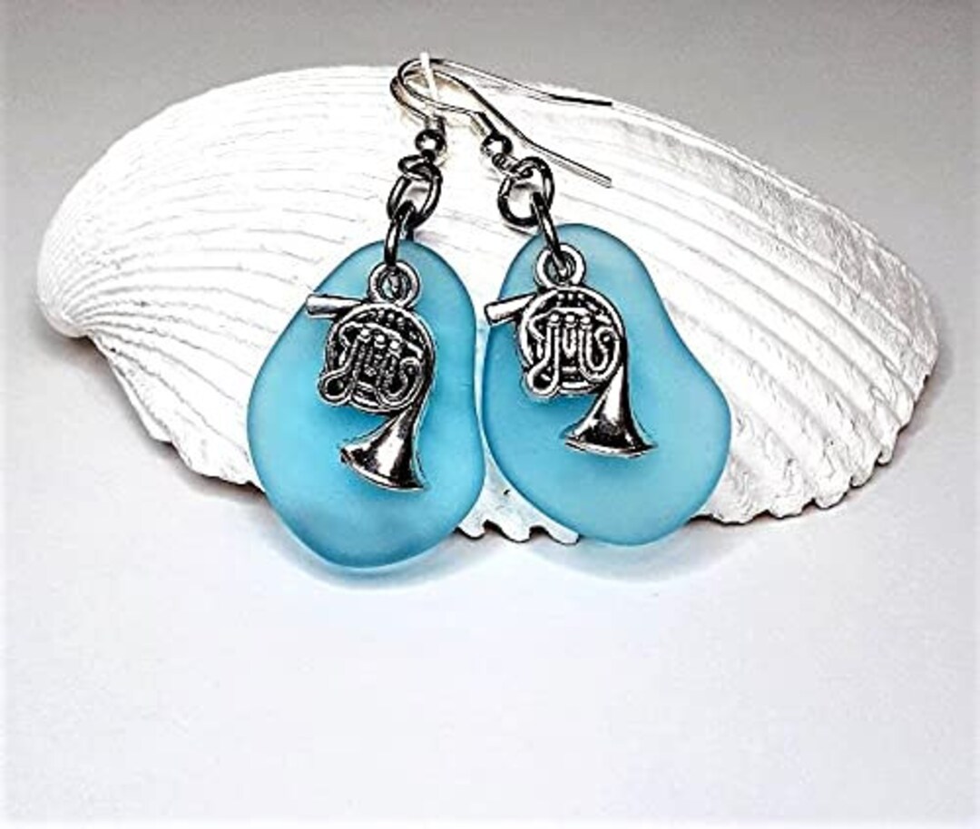 Blue Sea Glass French Horn Earrings Etsy
