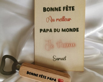 Cadeau papa, fetes de pères, Box cadeau fête des pères, Plaque bois et décapsuleur personnalisés, cadeau papa