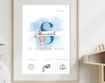 Affiche naissance, cadeau naissance, cadeau bébé, souvenir naissance, cadeau bébé