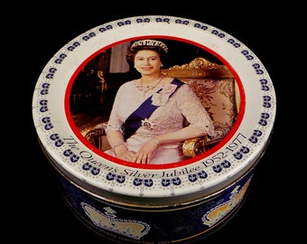 Antique Round Tin Box Mackintosh's Quality Street * El Jubileo de Plata de la Reina Isabel II * Coleccionable Tin Mackintosh's England