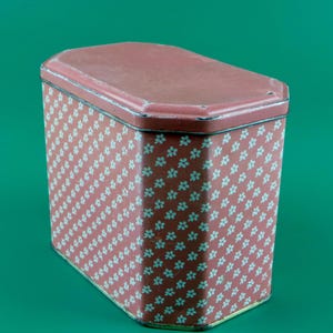 Antique Pink Tin with Small White Flowers * Retro Metal Container