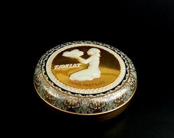 Vintage Round Tin Box Tjoklat Camee Pastilles * Collectable Tin Box * Indonesian Woman Bowl of Cocoa * Made in Holland