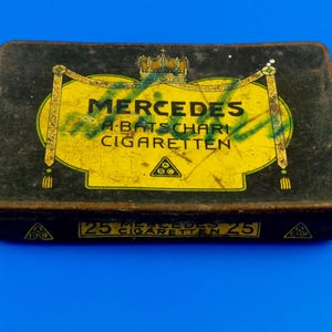 Scatola di latta per sigarette antica Mercedes * Scatola di latta per sigarette tedesca da collezione * Accessorio vintage per tabacco