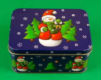 Vintage Blue Christmas Container * Vintage Tin Box Snowman Snowflakes