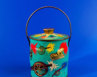 Vintage Round Turquoise Container Baret Ware Firing Cannons * Vintage Collectable Tin Box with Handle * Made in England