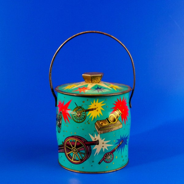 Vintage redondo turquesa contenedor Baret Ware disparando cañones * Caja de estaño coleccionable vintage con mango * Hecho en Inglaterra
