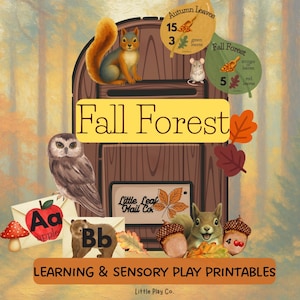 May include: A digital educational printable set titled Fall Forest featuring a brown mailbox, a squirrel, an owl, a mouse, and a bear. The design includes alphabet cards with an apple and bear, autumn leaves, acorns, and the text Little Leaf Mail Co.