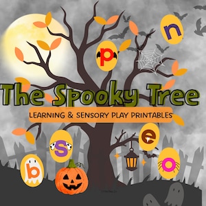 May include: A digital graphic titled The Spooky Tree Learning & Sensory Play Printables featuring a dark tree silhouette against a full moon, orange leaves, bats, a spiderweb, a lantern, a jack-o'-lantern, and yellow ovals with letters.