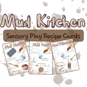 May include: Three illustrated recipe cards for sensory play activities. The cards are titled "Mud Muffins", "Mud Pizza", and "Mud Milkshake". Each card shows a set of instructions for making the mud recipe, with illustrations of the ingredients and tools needed.