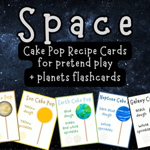 May include: Five printable cards with instructions for making space-themed cake pops. Each card features a different planet or celestial body, including Venus, the Sun, Earth, Neptune, and the Galaxy. The cards include instructions for the cake pop dough color and sprinkles.