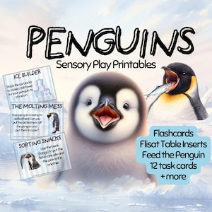 以下が含まれることがあります： 「PENGUINS」の文字と、口を開けた赤ちゃんペンギンのイラスト。 「Ice Builder」や「Sorting Snacks」などのタスク、さらに「Flashcards」や「Feed the Penguin」のアクティビティを含む教育用印刷物。