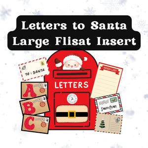 May include: A festive red letterbox design with the words "Letters" and a Santa Claus illustration. The image features letters marked "A", "B", and "C", a "Wish List", and a letter addressed "To: Santa". The text "Letters to Santa Large Flisat Insert" is at the top.