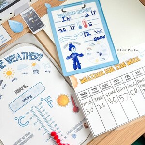 May include: A children's weather learning set with a blue clipboard, a thermometer, and a weekly weather chart. The clipboard has a weather report with temperature readings in Fahrenheit. The set includes weather-themed illustrations and the text "Weather Report".
