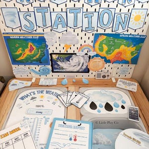 May include: A children's weather station set with a pegboard backdrop displaying the words "Weather Station." Includes maps, weather report sheets, and cards. Features a thermometer, weather symbols, and a tornado warning sign. The set is designed for educational play.