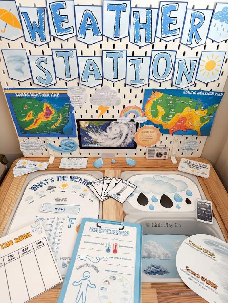 May include: A children's weather station set with a pegboard backdrop displaying the words "Weather Station." Includes maps, weather report sheets, and cards. Features a thermometer, weather symbols, and a tornado warning sign. The set is designed for educational play.