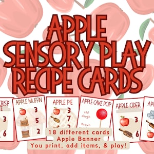 Op de afbeelding: Printbare sensorische speelkaarten met recepten met een appelthema, zoals appelcrumble-latte, appelmuffins, appeltaart, appelcakepops, appelcider en appelsap. De kaarten bevatten illustraties en nummers voor elk ingrediënt. De tekst "18 verschillende kaarten Appelbanner Je print, voegt items toe en speelt!" is ook inbegrepen.