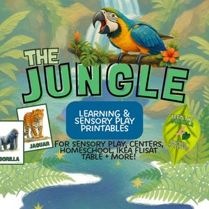 May include: A digital print set titled THE JUNGLE featuring a colourful macaw, a waterfall, and lush foliage. Includes cards labelled GORILLA and JAGUAR, and a green leaf-shaped cutout with the text FEED THE GORILLA PINCHES OF LEAVES.
