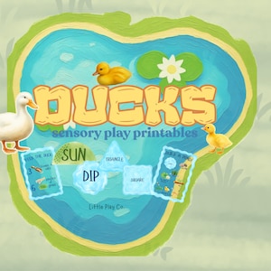 Puede incluir: Imagen ilustrada con una escena de estanque con la palabra «DUCKS» en letras grandes de color amarillo. La imagen incluye un pato blanco, dos patitos amarillos y materiales imprimibles educativos con formas y actividades. También está presente el texto «sensory play printables».