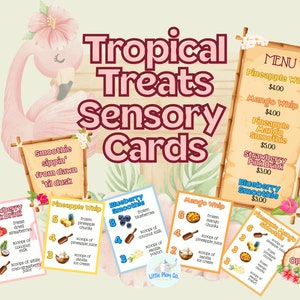 May include: Sensory cards for a tropical themed pretend play food shop. The cards feature images of pineapple whip, mango whip, blueberry smoothie, strawberry pink drink, and pineapple mango smoothie. Each card lists the ingredients and number of scoops needed for each drink.