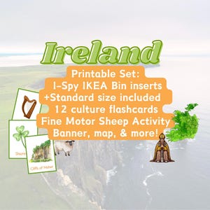 May include: Printable set of Ireland-themed educational resources, including I-Spy IKEA bin inserts, standard size inserts, 12 culture flashcards, a fine motor sheep activity, a banner, a map, and more. The image shows a harp, shamrock, cliffs of Moher, a sheep, and a cartoon of a bishop.