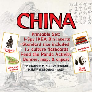 May include: Printable set of 12 flashcards featuring Chinese culture, including a terracotta soldier, the Great Wall of China, the Forbidden City, and a giant panda. The set also includes I-Spy IKEA bin inserts, a Feed the Panda activity, a banner, map, and clipart.