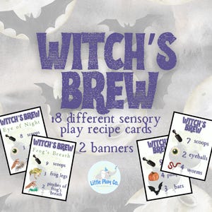 Può includere: Carte di ricette di gioco sensoriale Witch's Brew con uno schema di colori viola e bianco. Le carte presentano illustrazioni di vari ingredienti a tema Halloween, come occhi, vermi e zampe di rana. Le carte sono accompagnate da due banner che recitano "Witch's Brew" in testo viola.