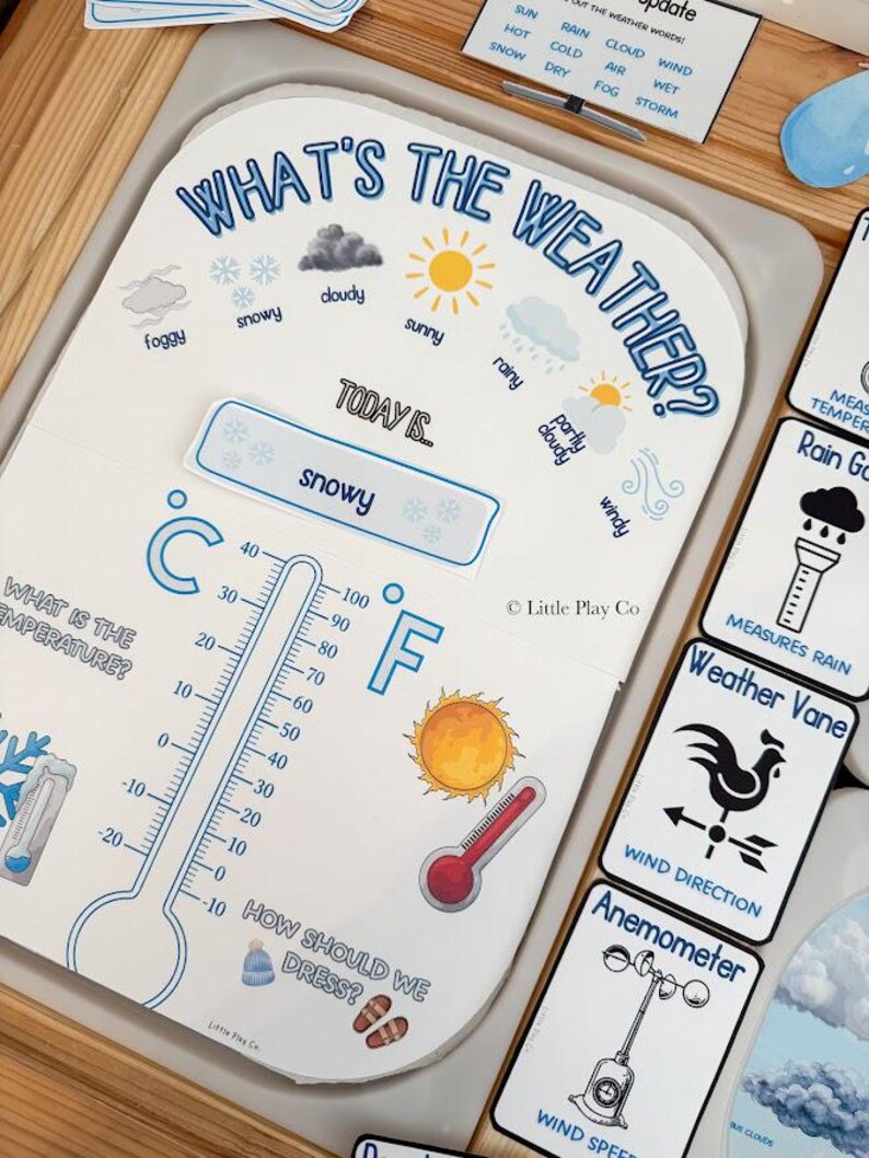 May include: A weather-themed educational set with cards and a thermometer. The main card reads "What's the Weather?" and includes weather condition illustrations like snowy, sunny, and cloudy. A thermometer displays Fahrenheit and Celsius scales. Additional cards show weather instruments.