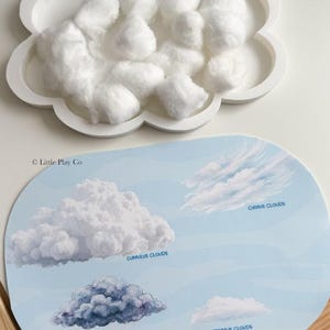 May include: A white cloud-shaped tray filled with fluffy cotton balls sits above a card illustrating different cloud types: cumulus, cirrus, nimbus, and stratus. The card has a light blue sky background and text labels.