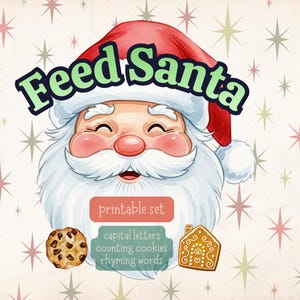 以下が含まれることがあります： 赤い帽子と白いひげのサンタクロースのイラスト。緑色の「Feed Santa」の文字。チョコレートチップクッキーとジンジャーブレッドハウスが含まれています。背景には星の模様とピーチ色があります。